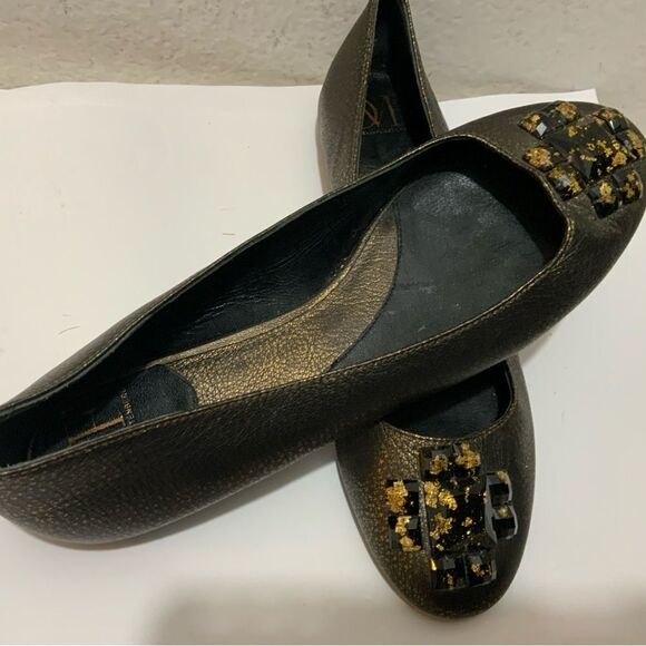 DIANE von FURSTENBERG Metallic and Black Jewel Embellished Ballet Flats - Picture 4 of 6